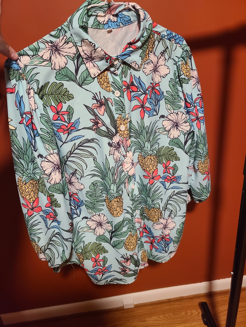 Button-Down Floral & Pineapple Print Shirt - Light Blue